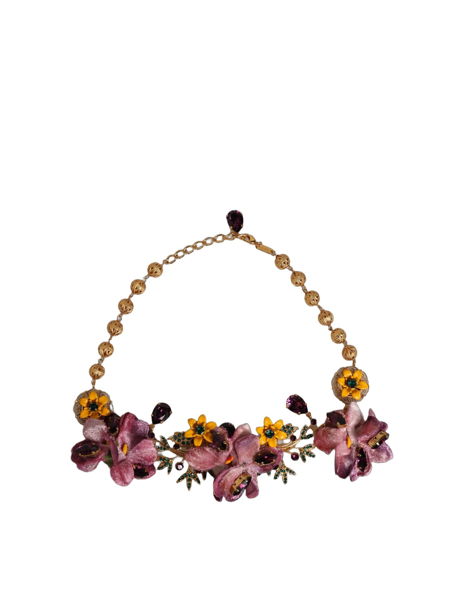 Gold Brass Mix Fiori Flowers Crystal Chain Necklace - Image 3