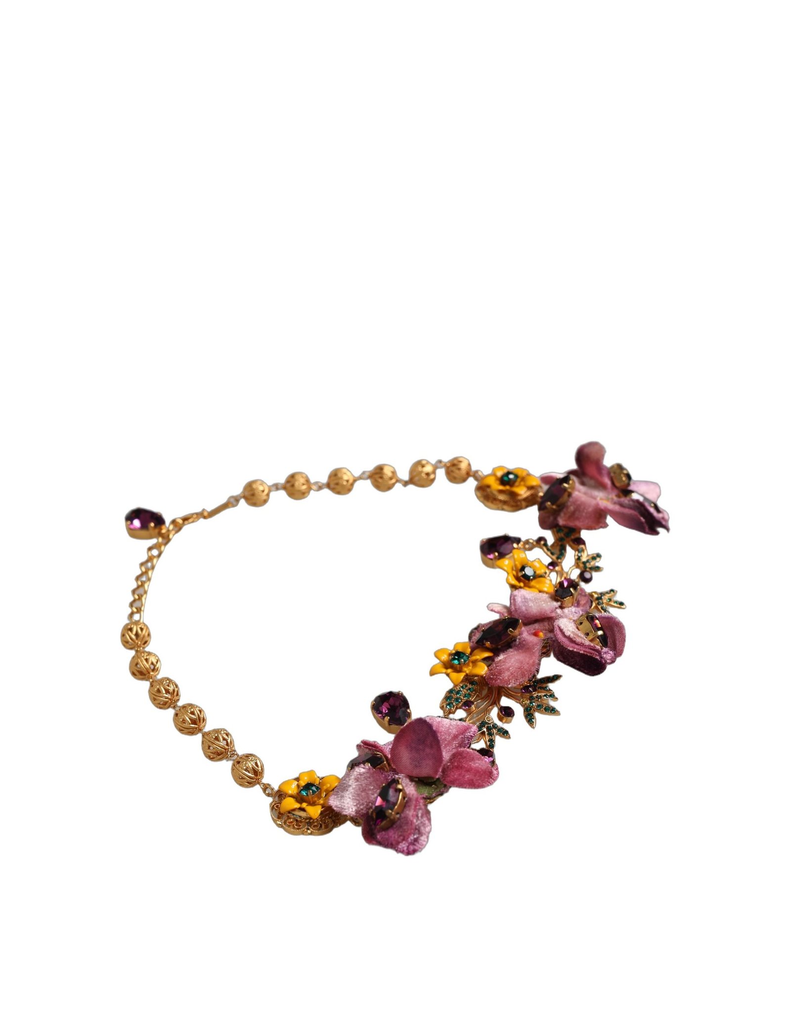 Gold Brass Mix Fiori Flowers Crystal Chain Necklace - Image 4
