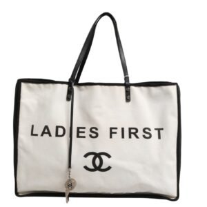 Ladies First White and Black Canvas Shopper Tote Bag