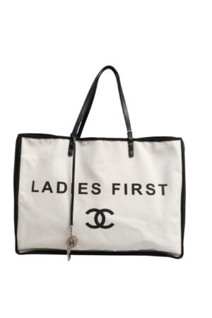 Ladies First White and Black Canvas Shopper Tote Bag