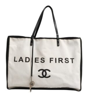 Ladies First White and Black Canvas Shopper Tote Bag