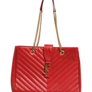 Red Chevron Quilted Grained Leather Monogram Tote Bag