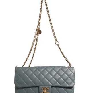Blue Quilted Leather Crown Flap Shoulder Bag