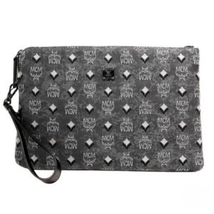 MCM Veritas Medium Dark Grey Denim Monogram Logo Canvas Clutch Pouch Handbag