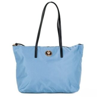 Versace Portuna Medusa Medium Cornflower Blue Nylon Leather Tote Bag Purse