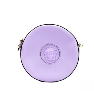 Versace Round Disco Lilac Pebbled Leather Camera Case Crossbody Bag Purse