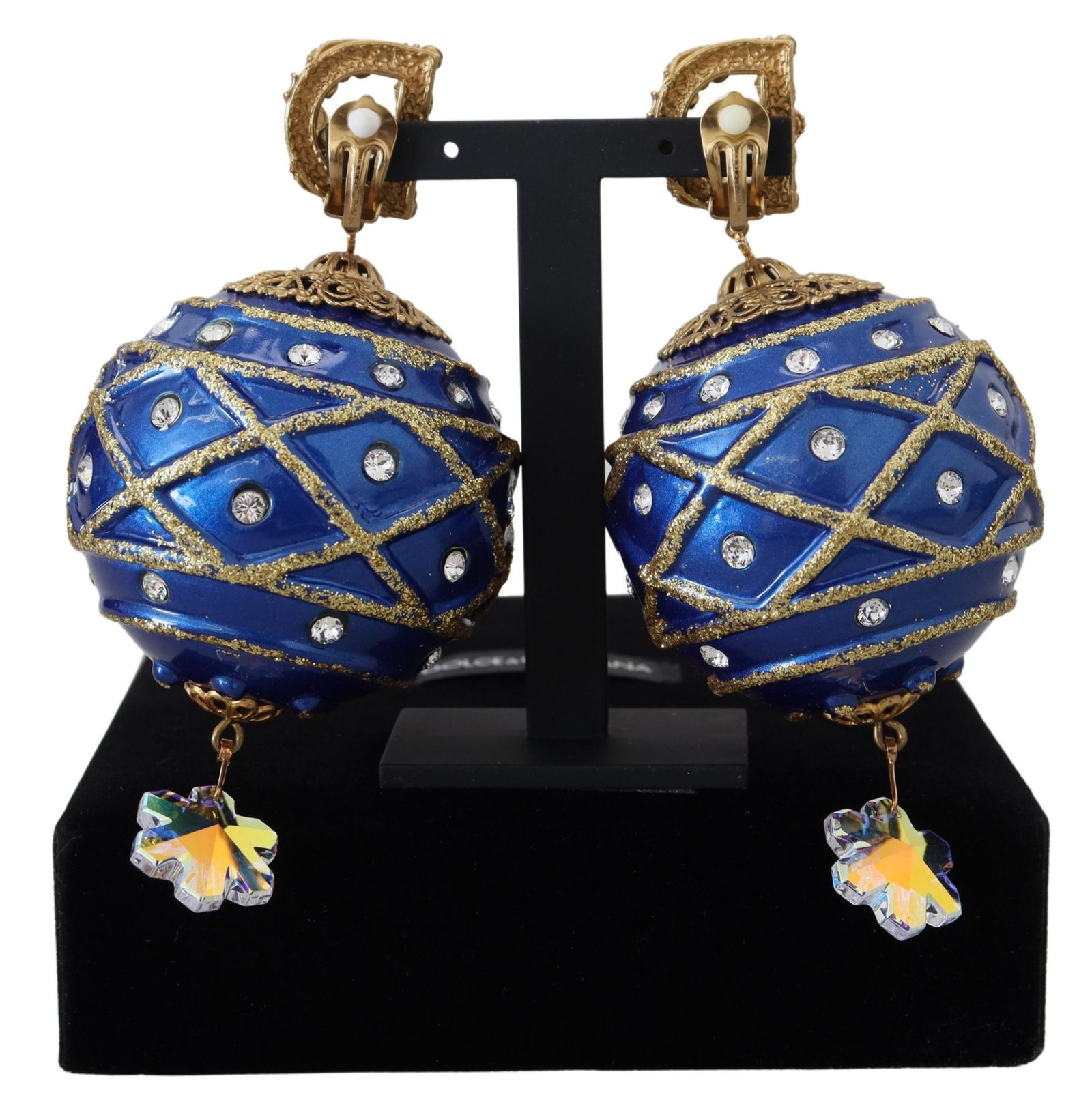 Gold Brass Blue Dangle Ball Crystal Clip On Earrings - Image 3