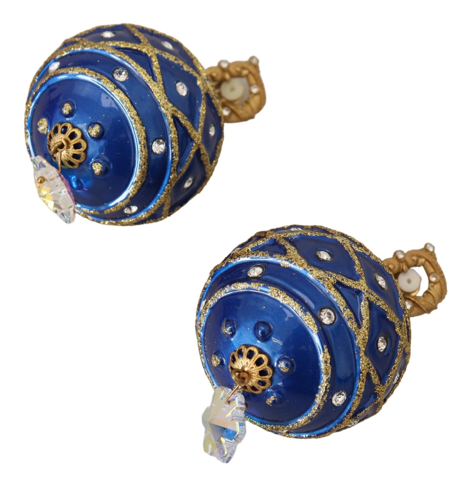 Gold Brass Blue Dangle Ball Crystal Clip On Earrings - Image 4
