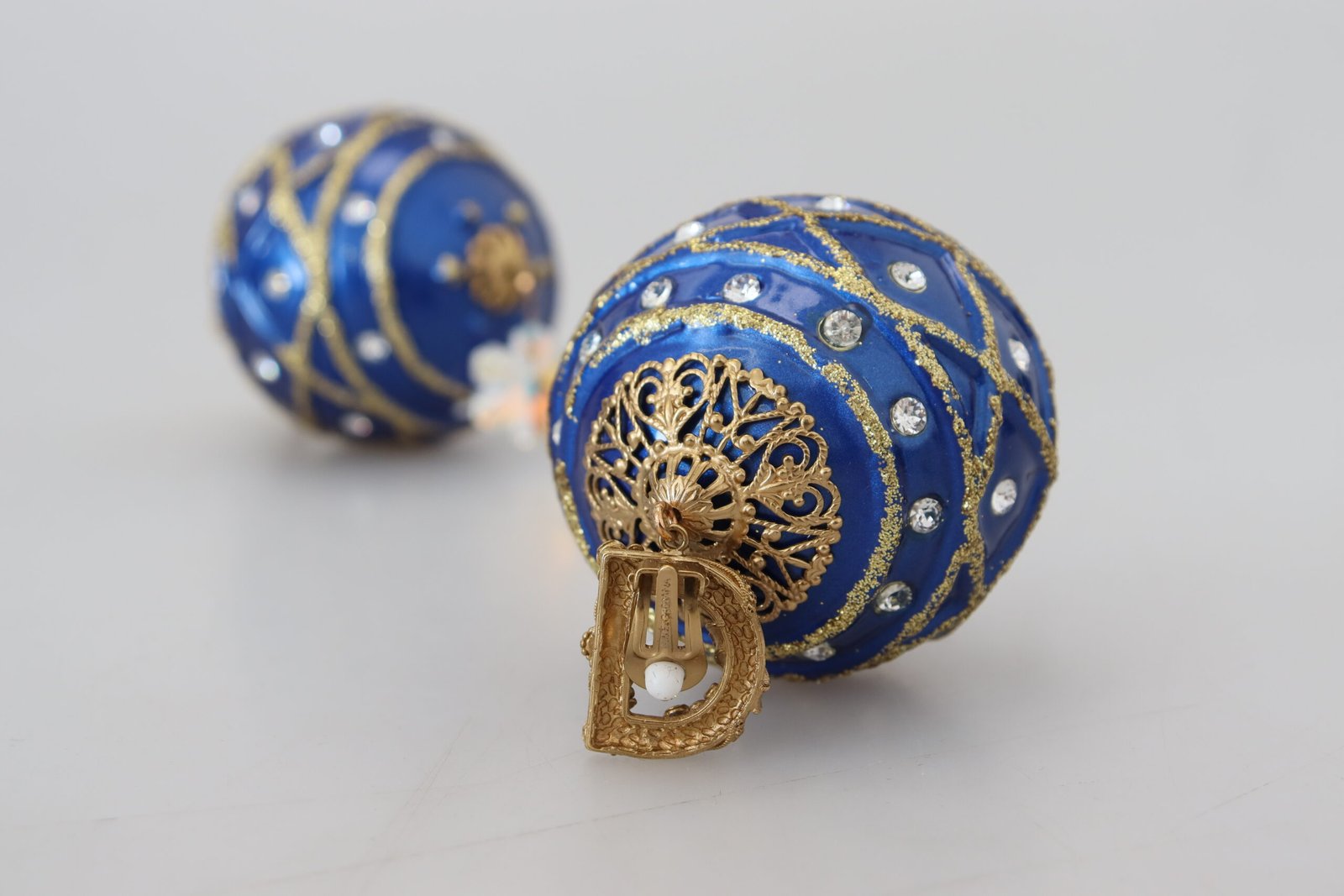 Gold Brass Blue Dangle Ball Crystal Clip On Earrings - Image 8