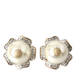 Gold Tone Maxi Faux Pearl Floral Clip-on Jewelry Earrings