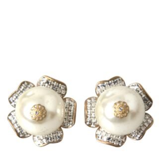 Gold Tone Maxi Faux Pearl Floral Clip-on Jewelry Earrings