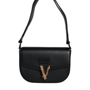 Black Grainy Calf Leather Logo Crossbody Shoulder Bag