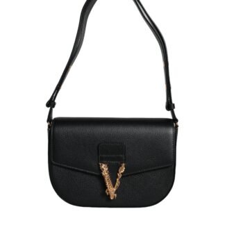 Black Grainy Calf Leather Logo Crossbody Shoulder Bag