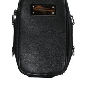 Black Grain Leather Logo Plaque Clutch Bag