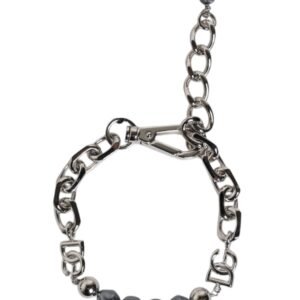 Silver Tone Chain Lobster Clasp Logo Gray Pearls Bracelet