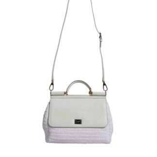 White Rafia Leather Top Handle Crossbody Bag