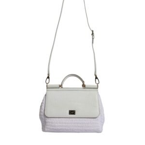 White Rafia Leather Top Handle Crossbody Bag