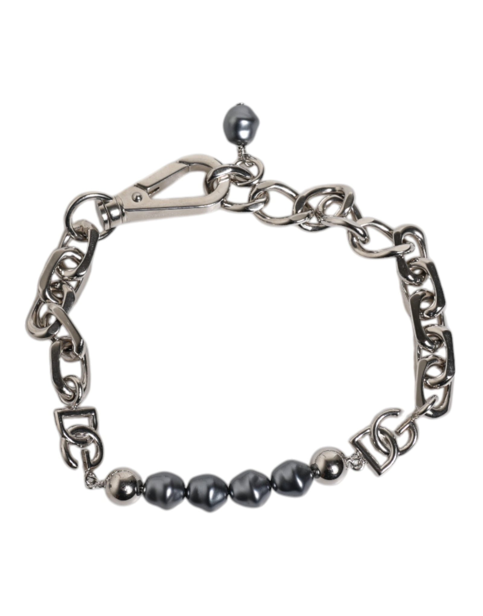 Silver Tone Chain Lobster Clasp Logo Gray Pearls Bracelet - Image 6