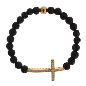 Lava Stone Gold Clear CZ Cross 925 Silver Bracelet