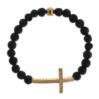 Lava Stone Gold Clear CZ Cross 925 Silver Bracelet