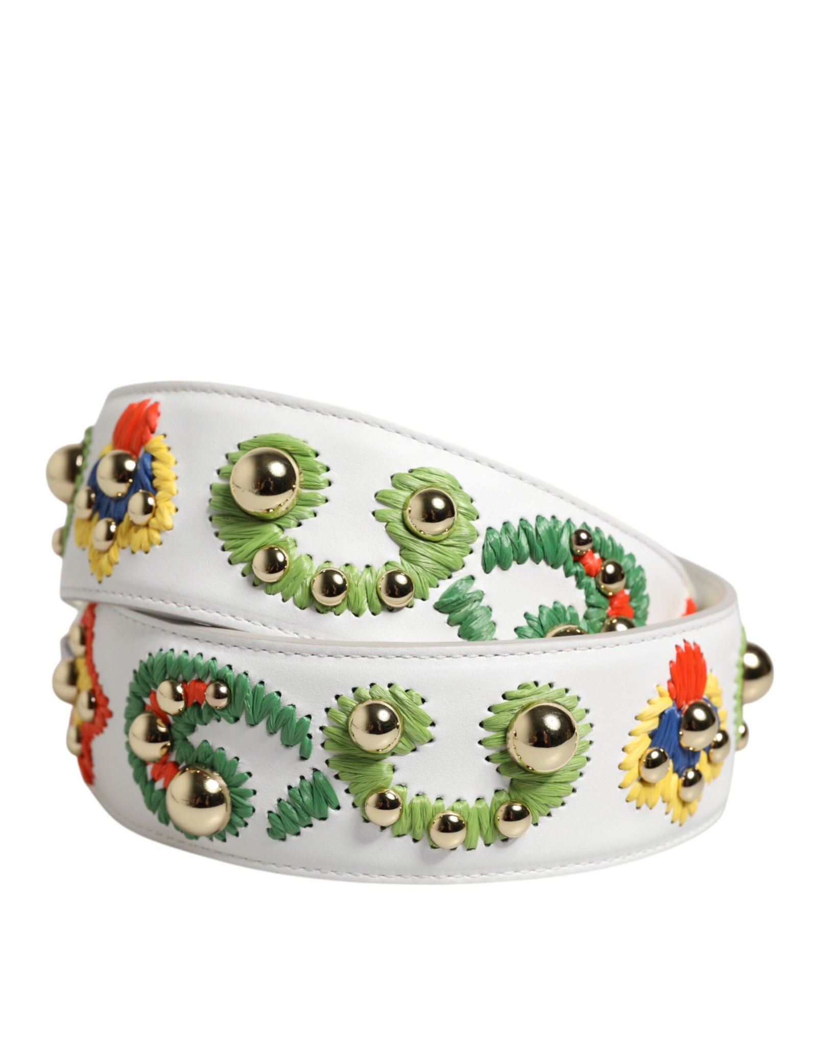 White Calfskin Raffia Embroidered Patchwork Shoulder Strap - Image 2