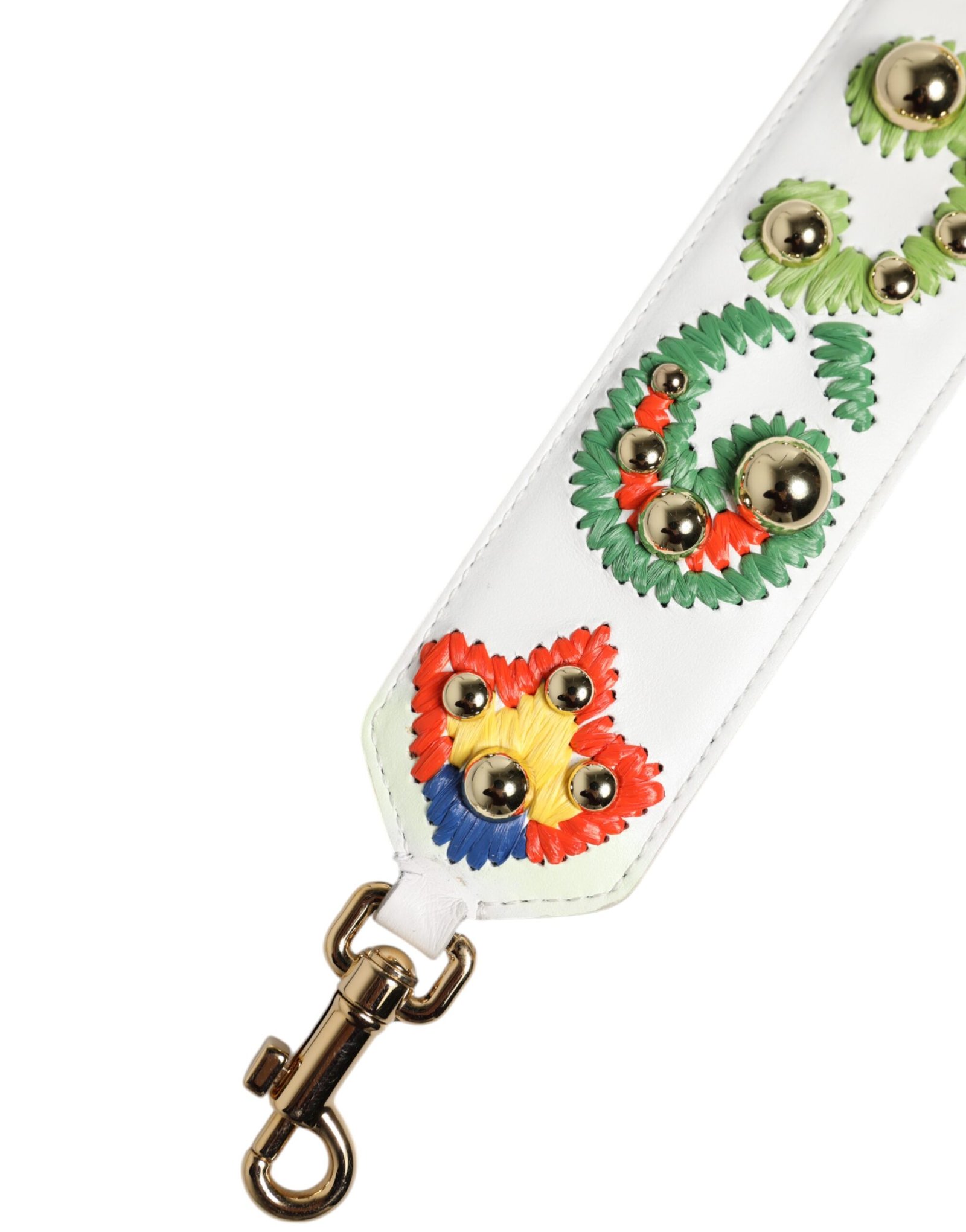 White Calfskin Raffia Embroidered Patchwork Shoulder Strap - Image 7