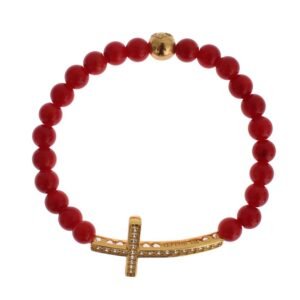 Red Coral Gold CZ Cross 925 Silver Bracelet