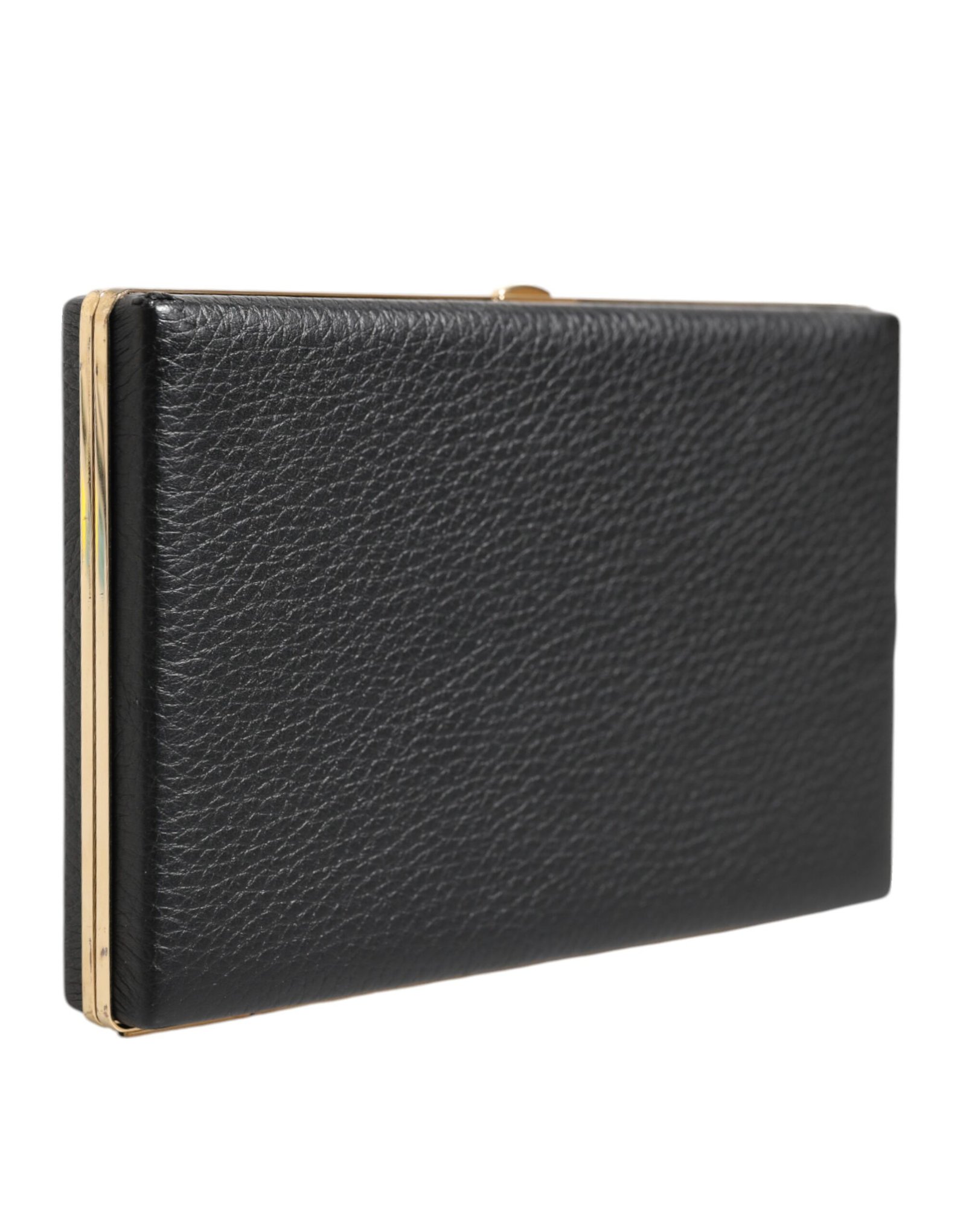 Black Leather Gold Frame Clutch Evening Party Purse Bag - Image 3