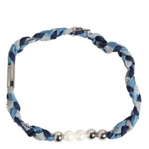 Blue White Braided Silver Metal Logo Beaded Men Bracelet