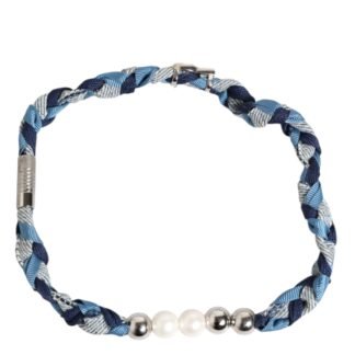 Blue White Braided Silver Metal Logo Beaded Men Bracelet