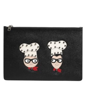 Black Leather #DGFAMILY Embellished Men Clutch Pouch Bag