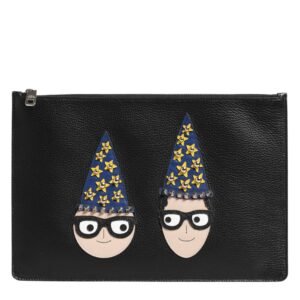 Black Leather #DGFAMILY Embellished Men Clutch Pouch Bag