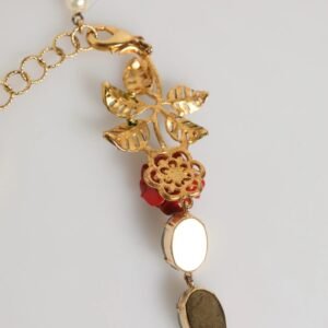 Red Rose Green Crystal Gold-Tone Chain Necklace