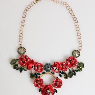 Red Rose Floral Crystal Embellished Statement Jewelry Necklace