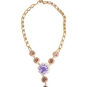 Gold Brass Crystal Pearl Purple Floral Pendant Jewelry Necklace