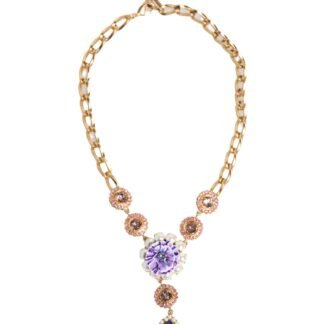 Gold Brass Crystal Pearl Purple Floral Pendant Jewelry Necklace
