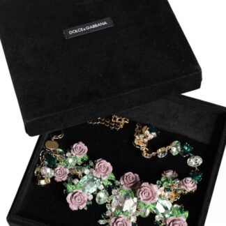 Gold Brass Link Chain Rose Petal Crystal Necklace