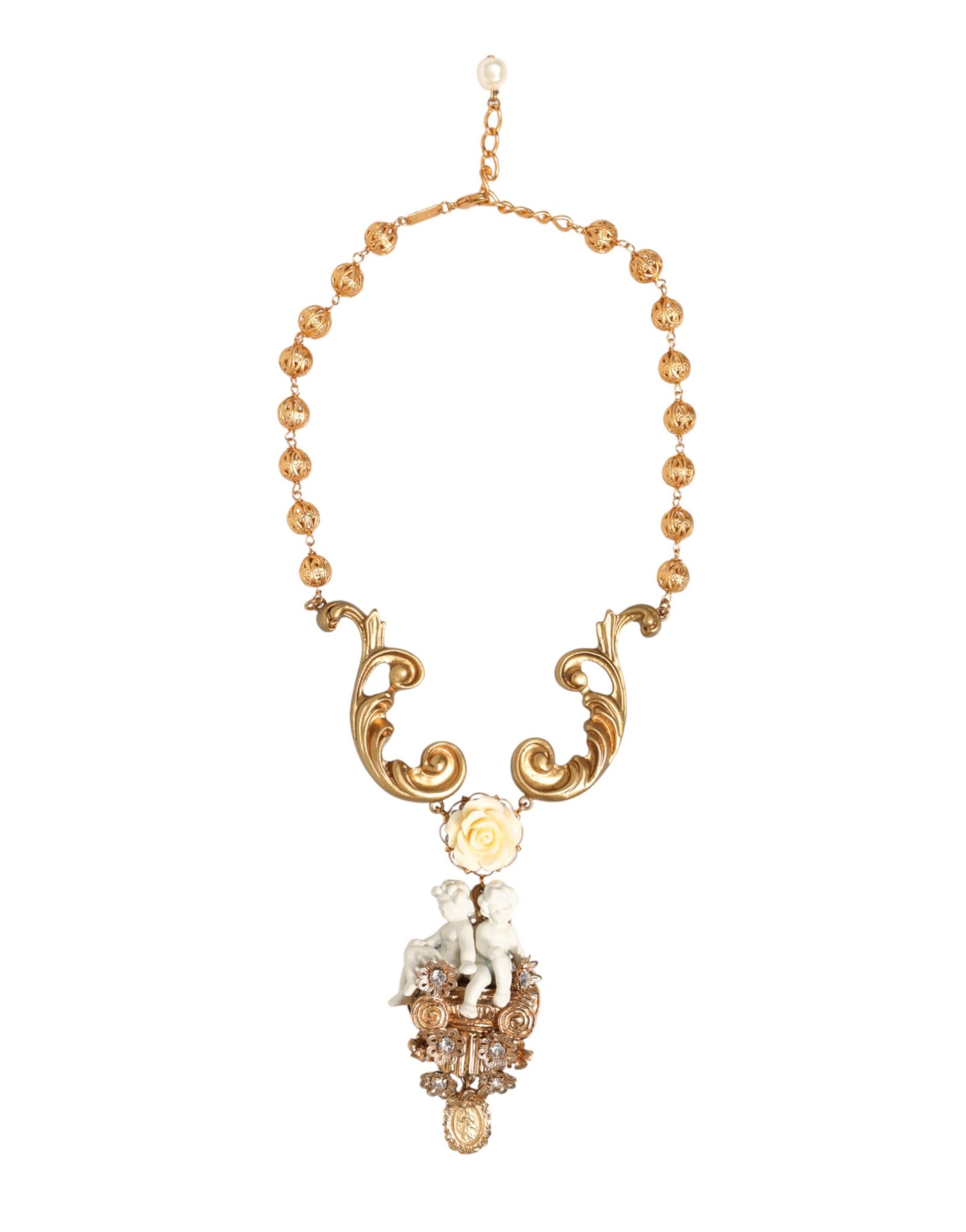 Gold Ceramic Crystal Cherub Baroque Pendant Necklace - Image 2