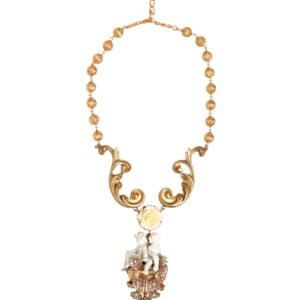 Gold Ceramic Crystal Cherub Baroque Pendant Necklace