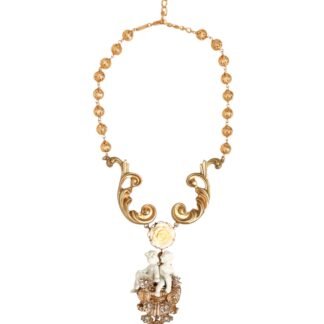 Gold Ceramic Crystal Cherub Baroque Pendant Necklace