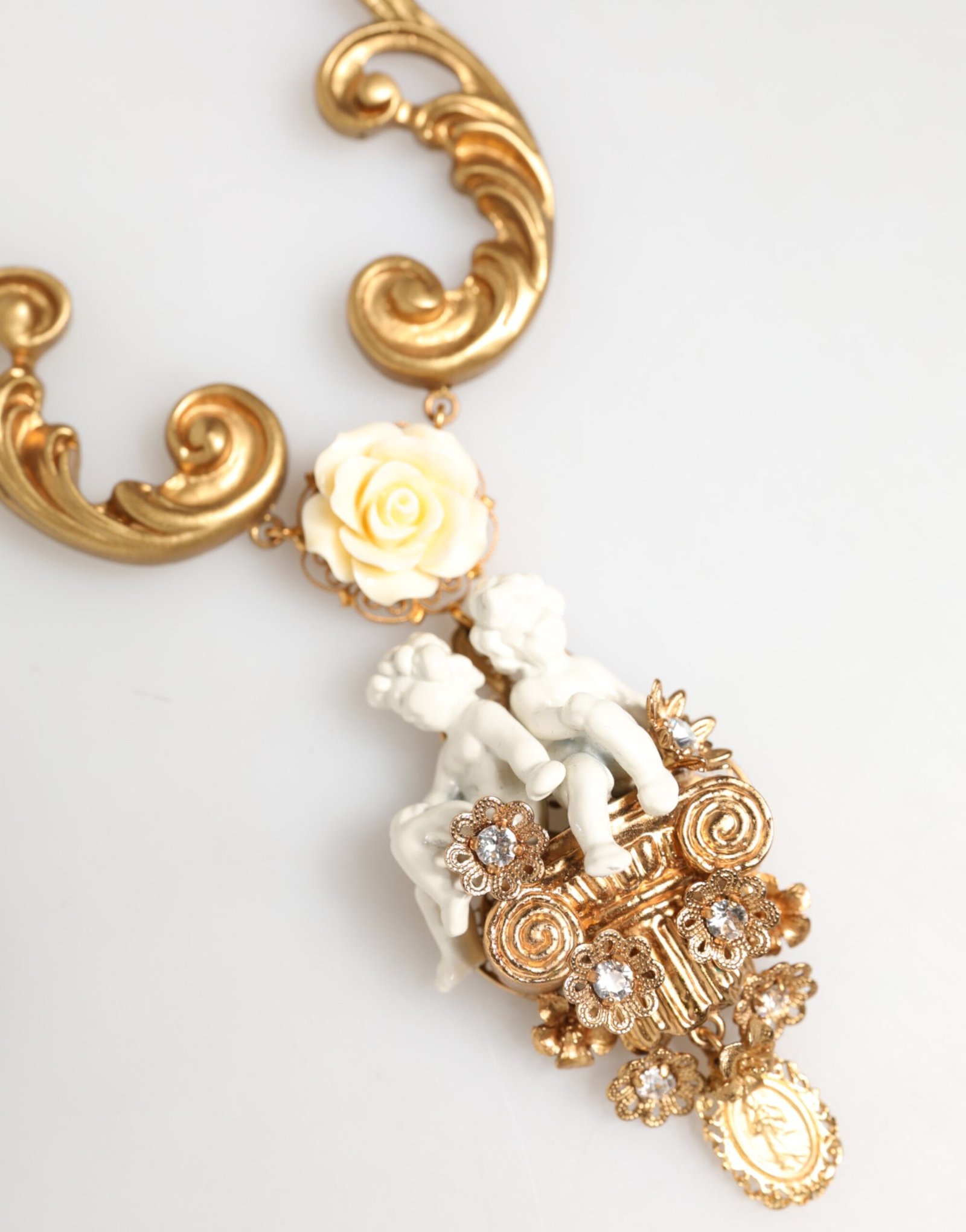 Gold Ceramic Crystal Cherub Baroque Pendant Necklace - Image 3
