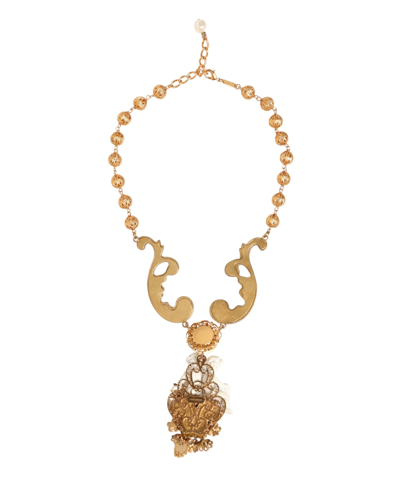 Gold Ceramic Crystal Cherub Baroque Pendant Necklace - Image 4