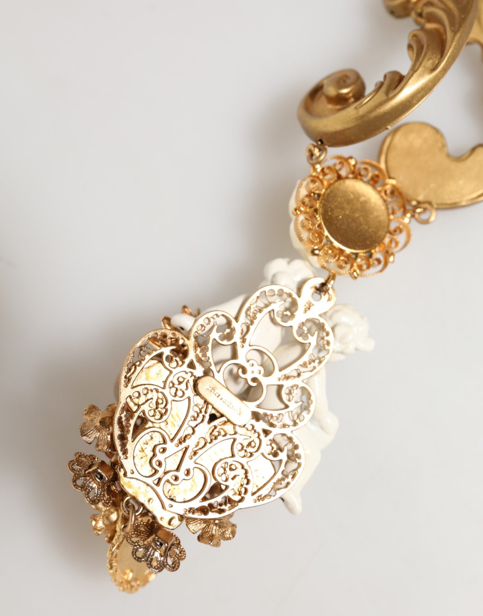 Gold Ceramic Crystal Cherub Baroque Pendant Necklace - Image 5