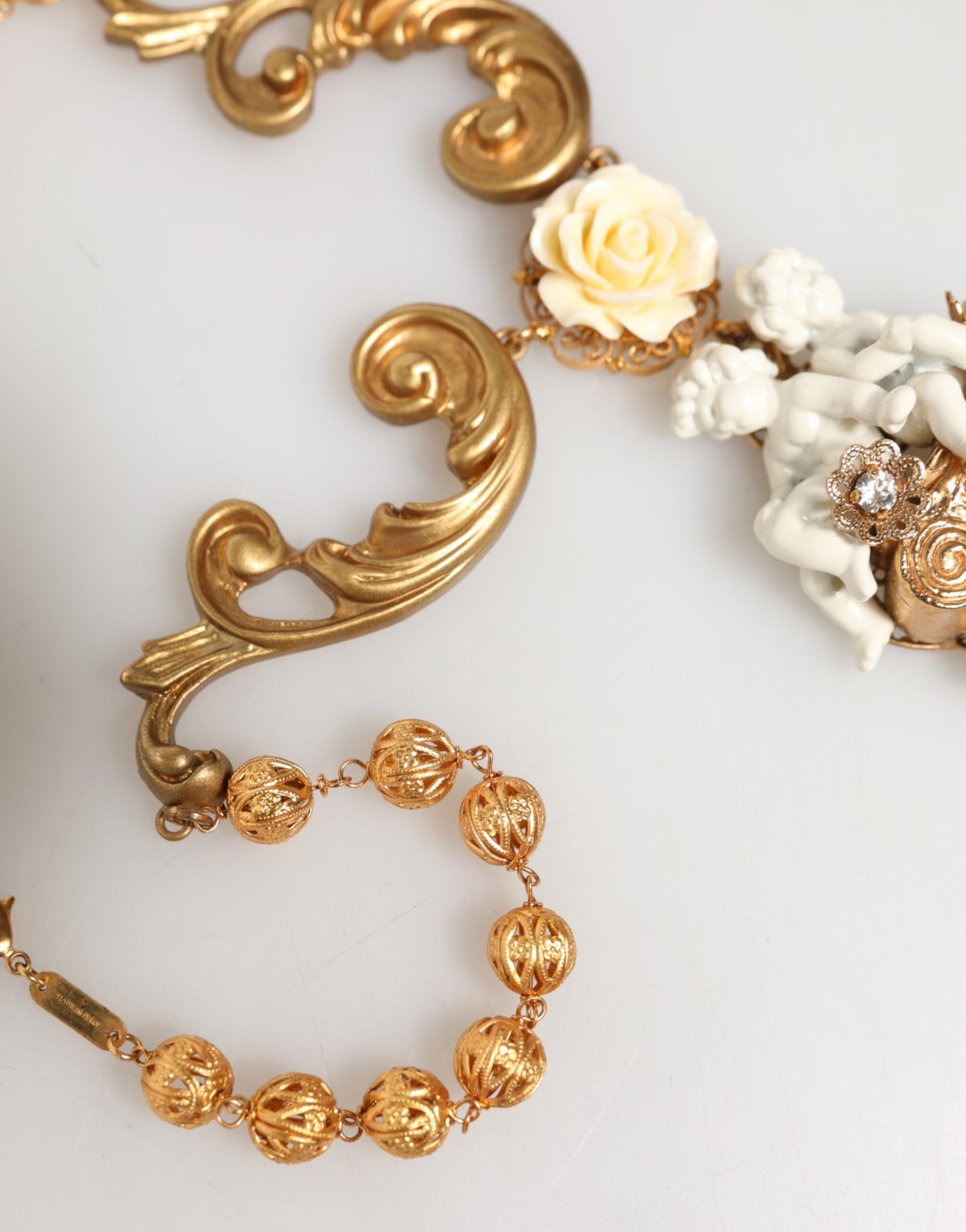 Gold Ceramic Crystal Cherub Baroque Pendant Necklace - Image 6